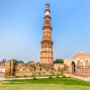 Qutub Minar Complex and Qutab Minaret Tower. The Qutub Minar was constructed in the year 1192 out of red sandstone and marble.Is the tallest minaret in India, with a height of 72.5 meters (237.8 feet). Qutub Minar, Delhi, India.